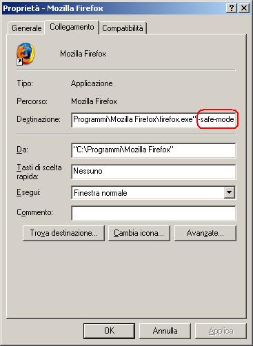 Creazione del collegamento per l'avvio di Mozilla Firefox in safe-mode.