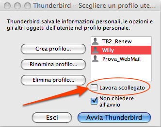 Avviare Mozilla Thunderbird off-line.